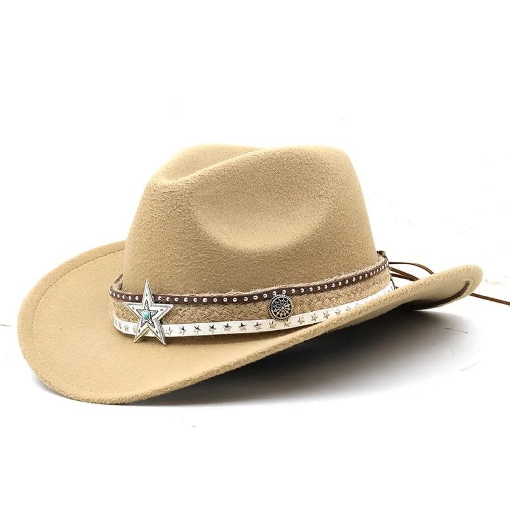 Beige‎ Western Cowboy, Cowgirl Hat, Lone Star Strap, Men Women Retro Wide Brim
